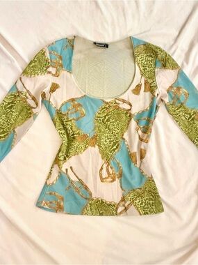 Light Blue and Green Patterned Scoop Neck Women's Top